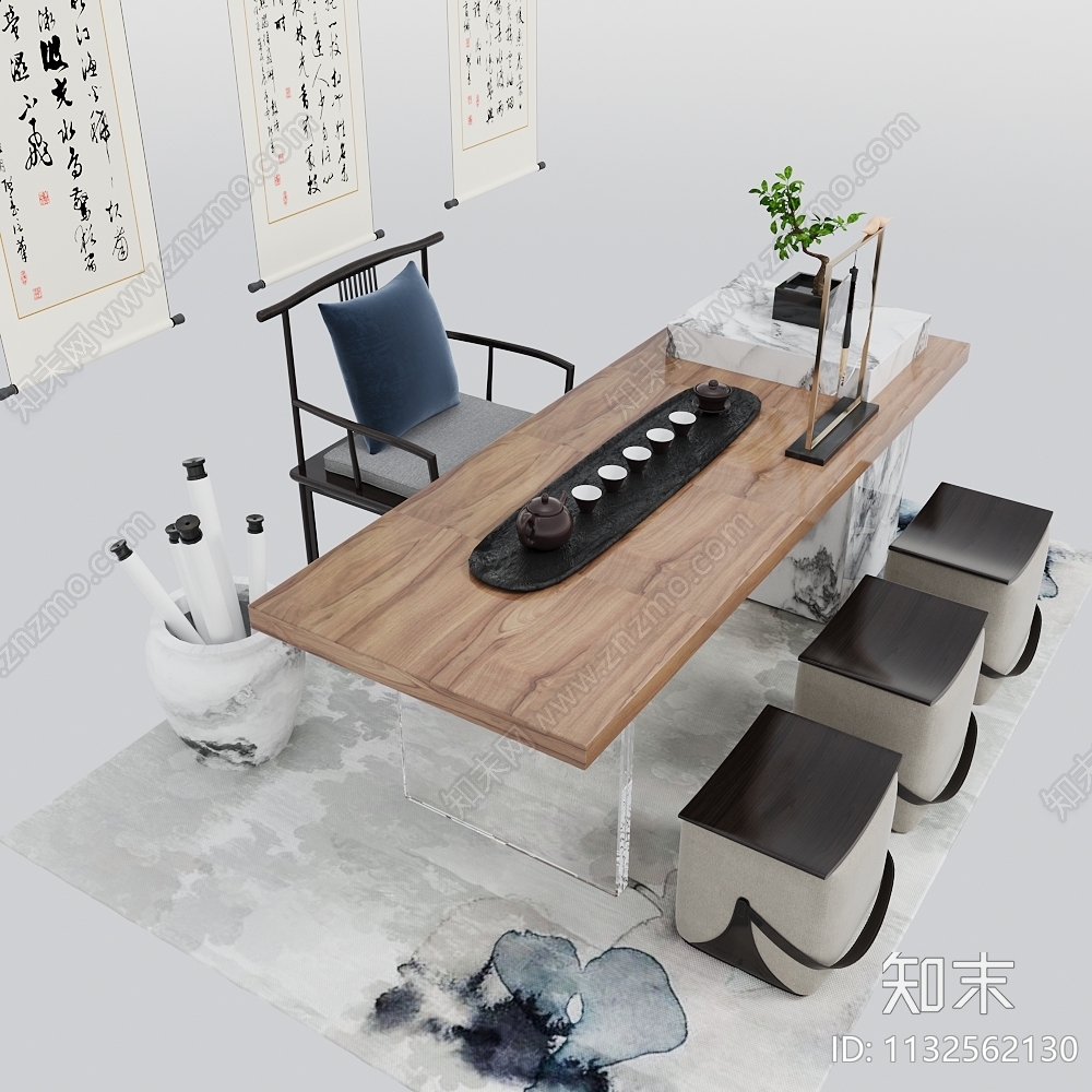 新中式茶桌椅组合3D模型下载【ID:1132562130】