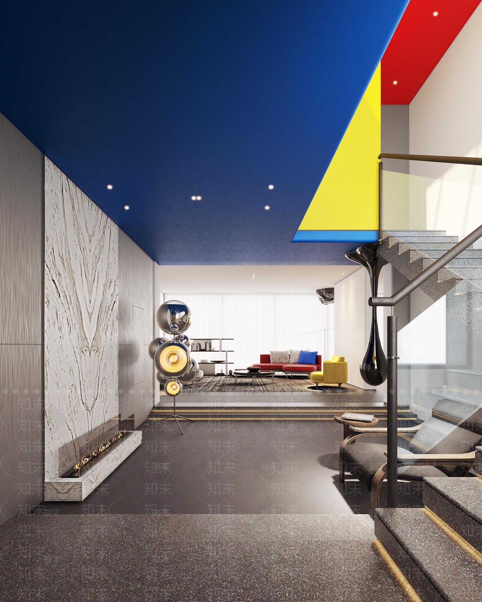 现代红黄蓝构成主题别墅客厅3D模型下载【ID:1132564457】