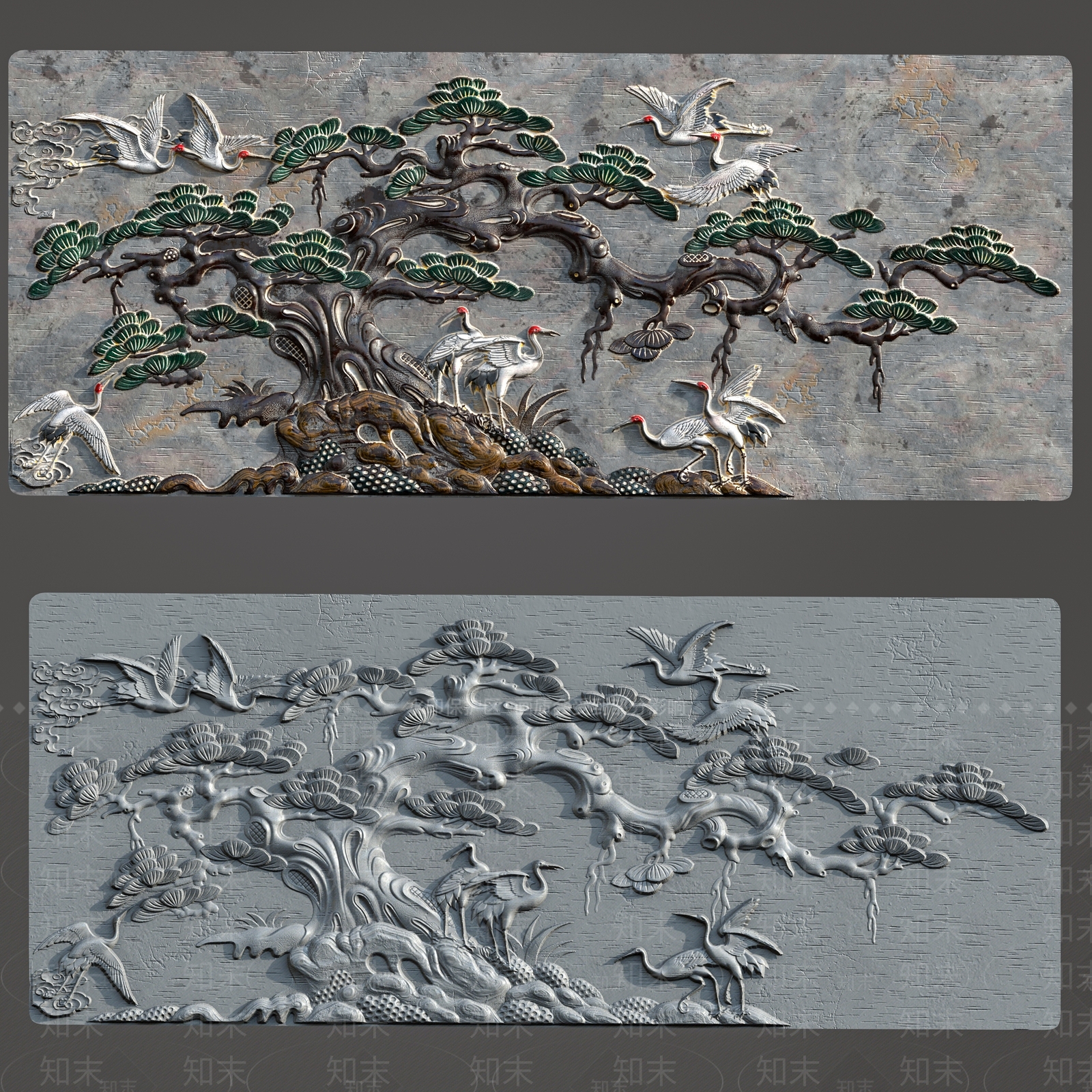 新中式迎客松彩色浮雕3D模型下载【ID:1132593789】