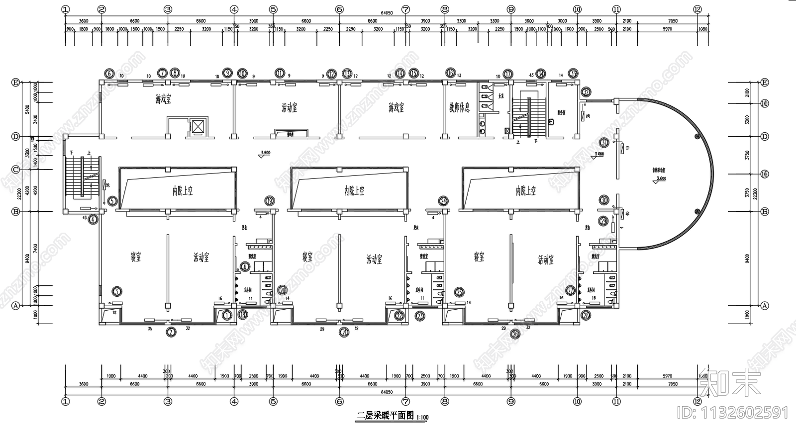 3层建筑暖气片采暖系统平面图施工图下载【ID:1132602591】