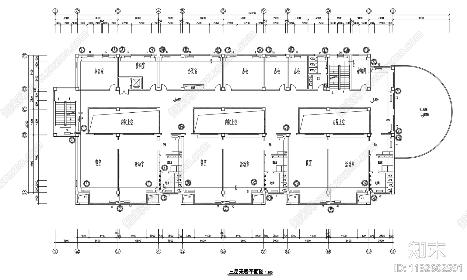 3层建筑暖气片采暖系统平面图施工图下载【ID:1132602591】