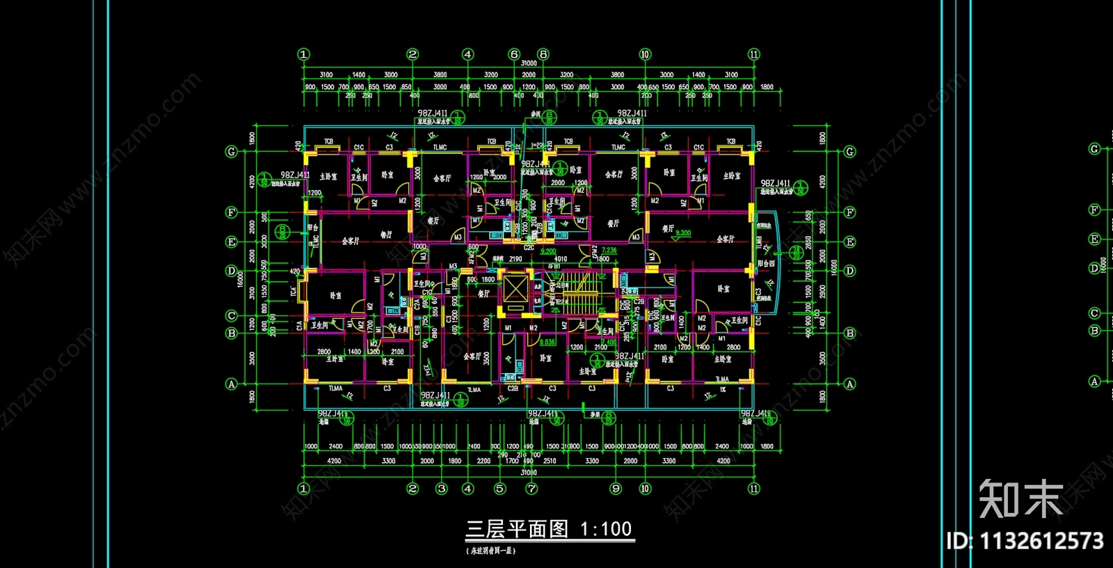 居住建筑平面户型图cad施工图下载【ID:1132612573】