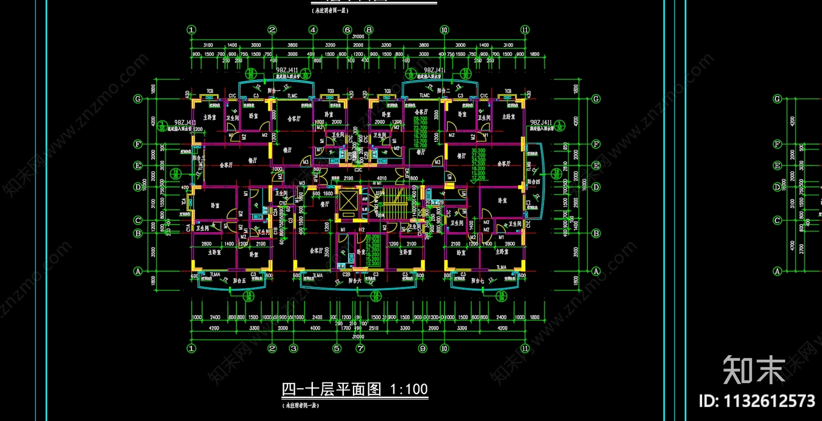 居住建筑平面户型图cad施工图下载【ID:1132612573】