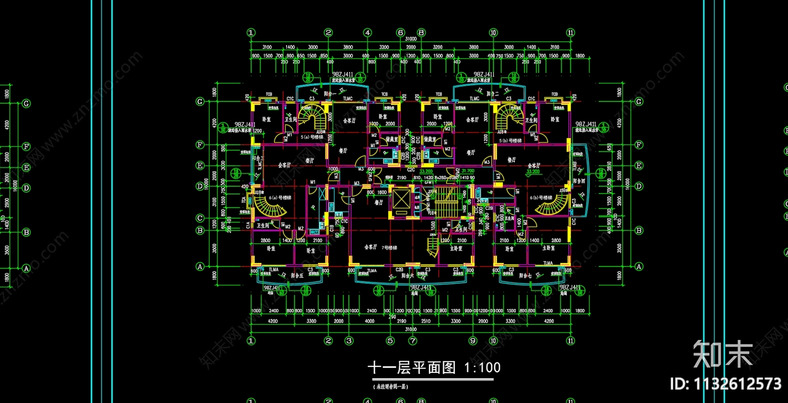 居住建筑平面户型图cad施工图下载【ID:1132612573】