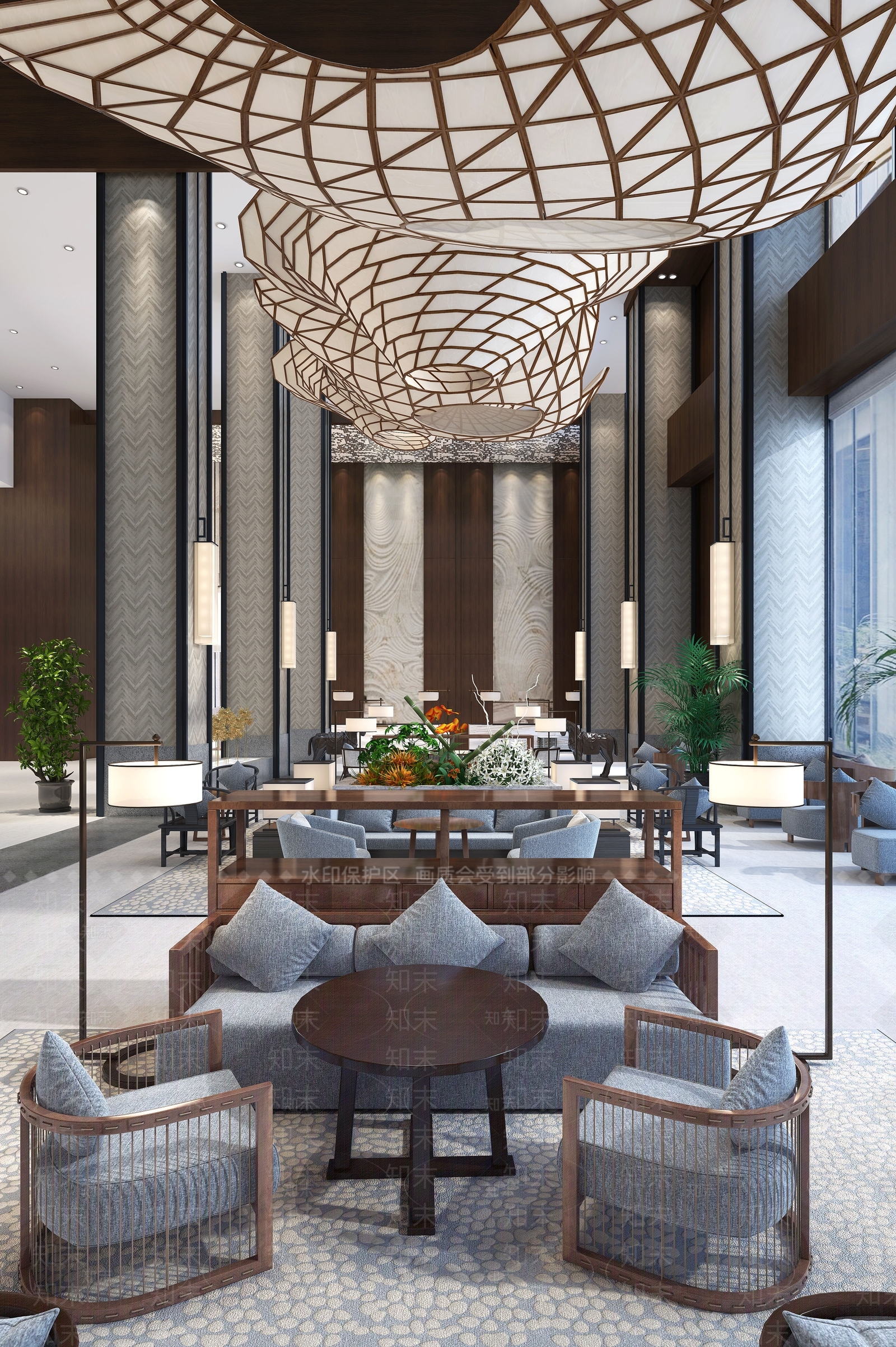 新中式酒店大堂SU模型下载【ID:1132626182】