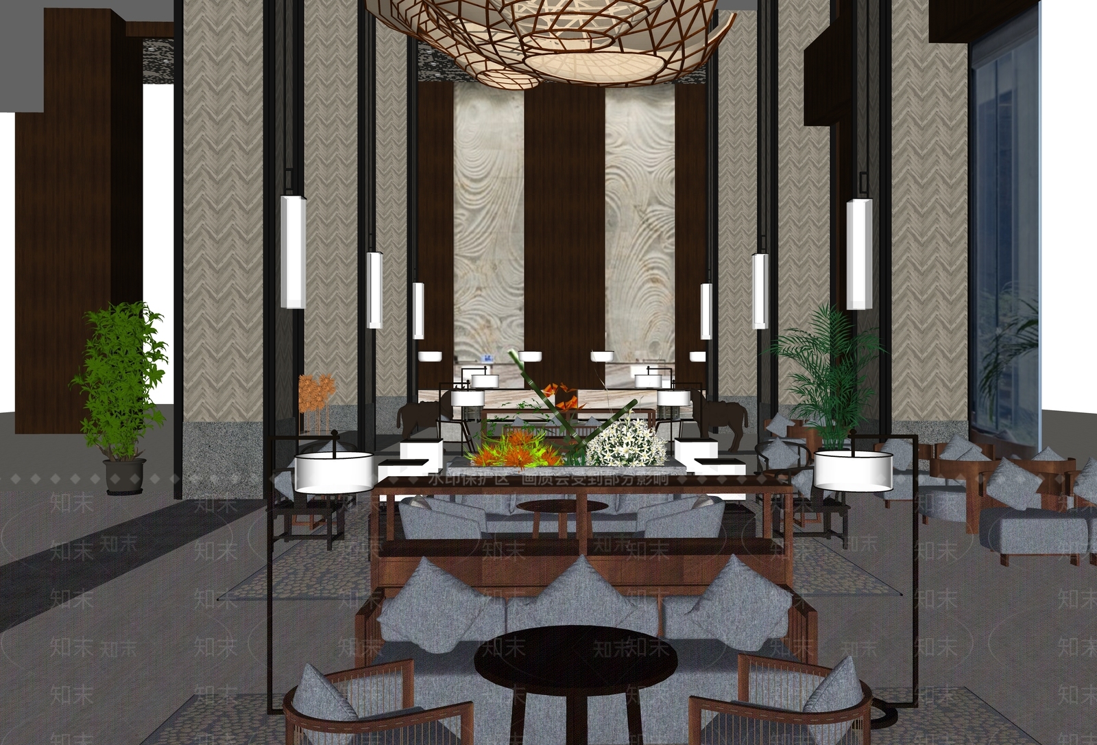 新中式酒店大堂SU模型下载【ID:1132626182】