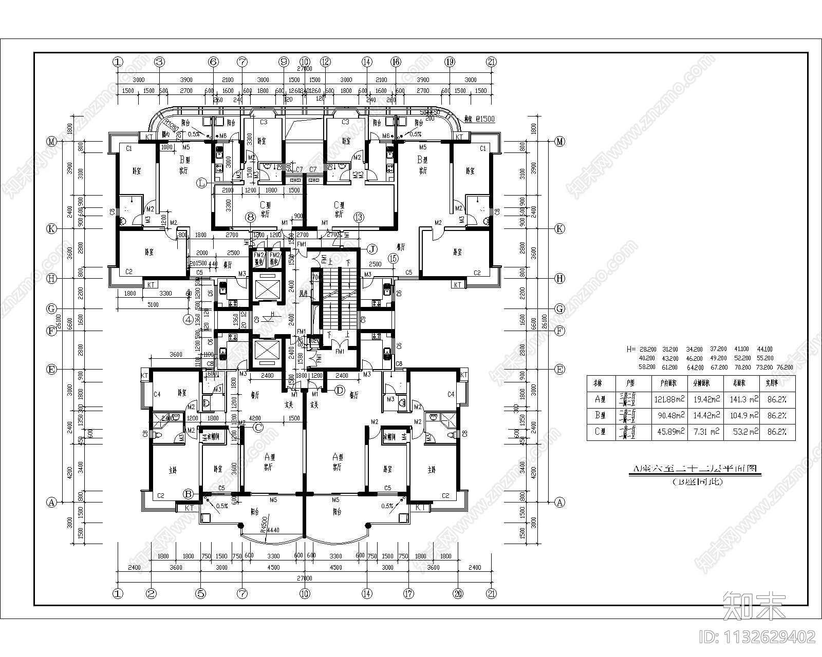 某高层住宅全套建筑cad施工图下载【ID:1132629402】