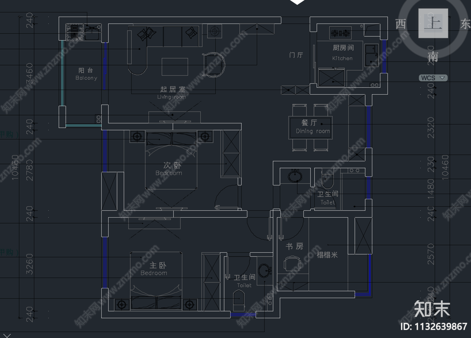 平层家装三室一厅平面方案图施工图下载【ID:1132639867】