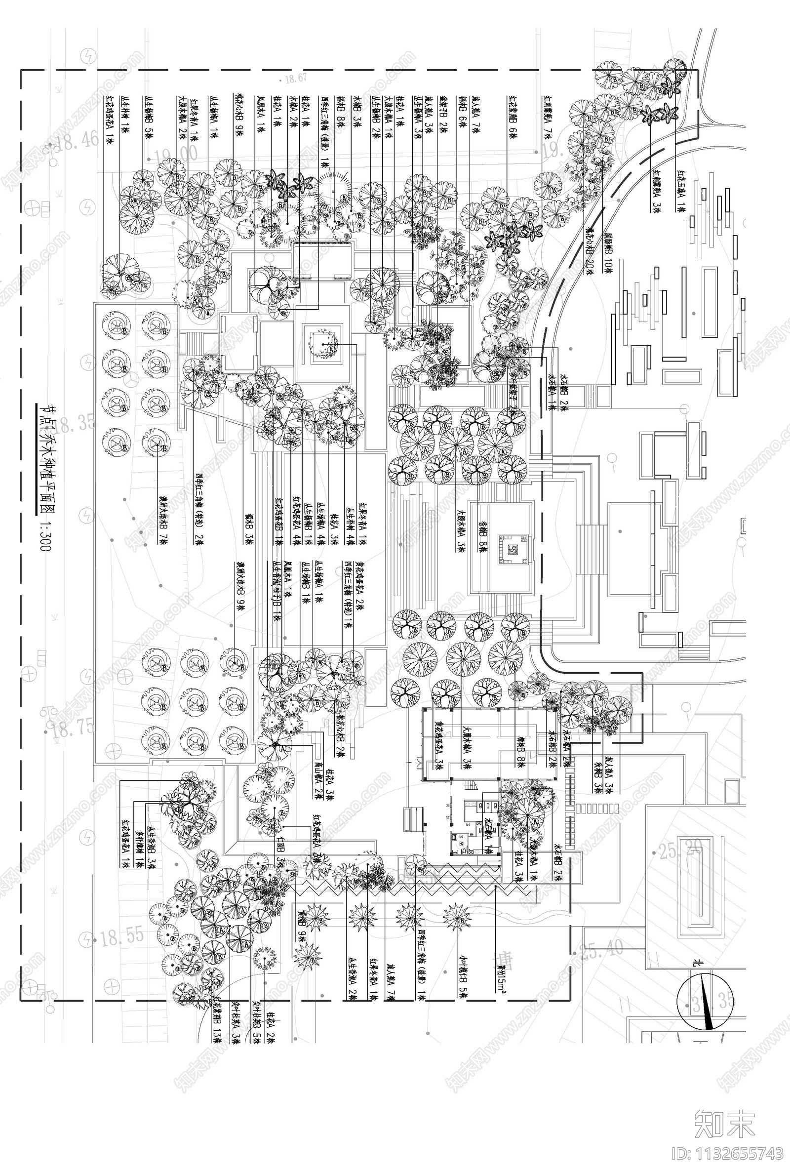 五指耙公园绿化平面图cad施工图下载【ID:1132655743】