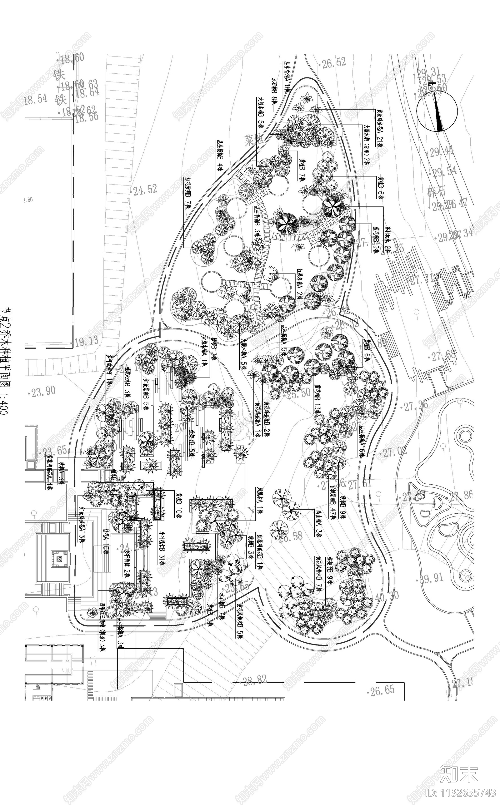 五指耙公园绿化平面图cad施工图下载【ID:1132655743】