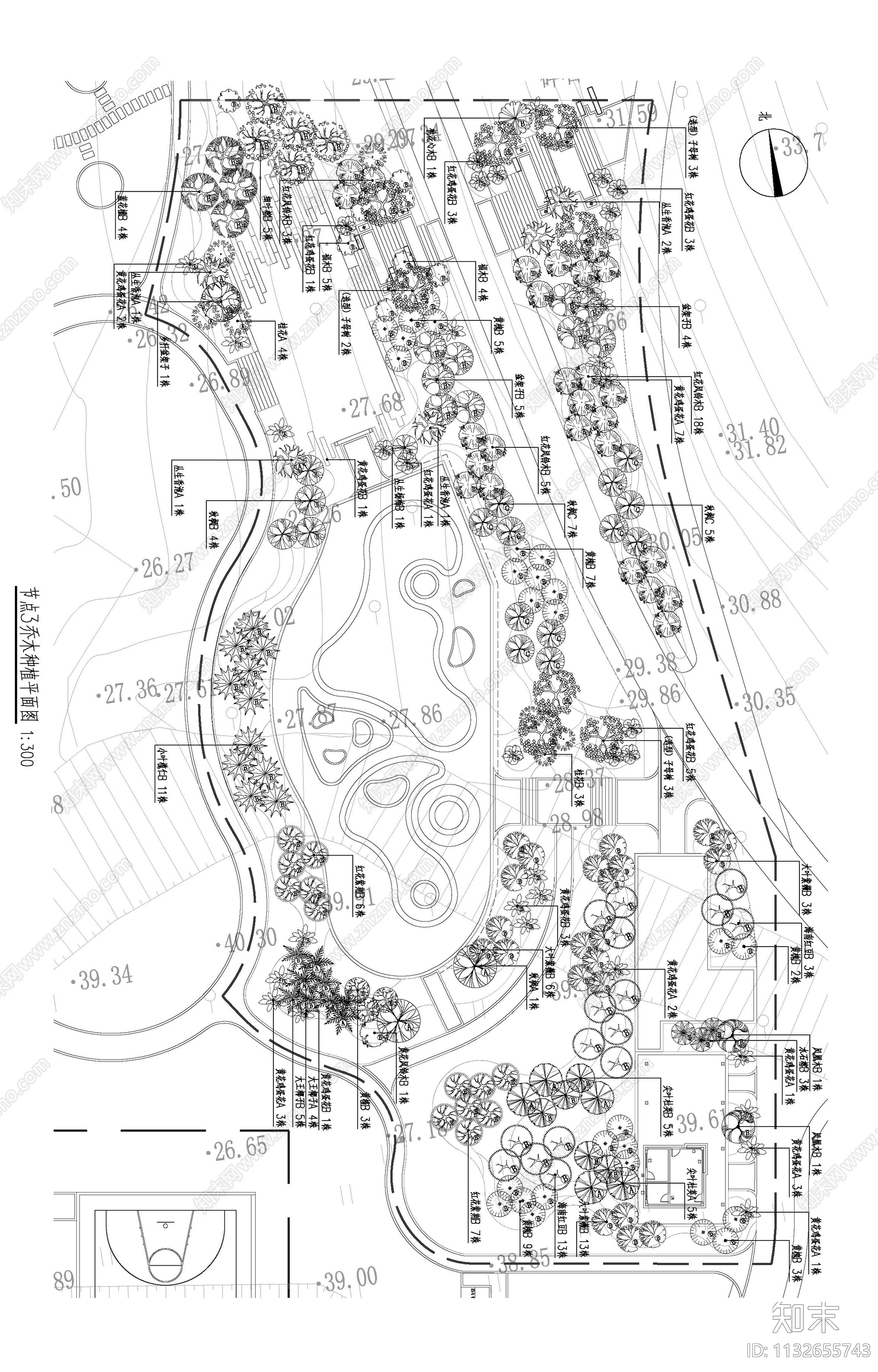 五指耙公园绿化平面图cad施工图下载【ID:1132655743】