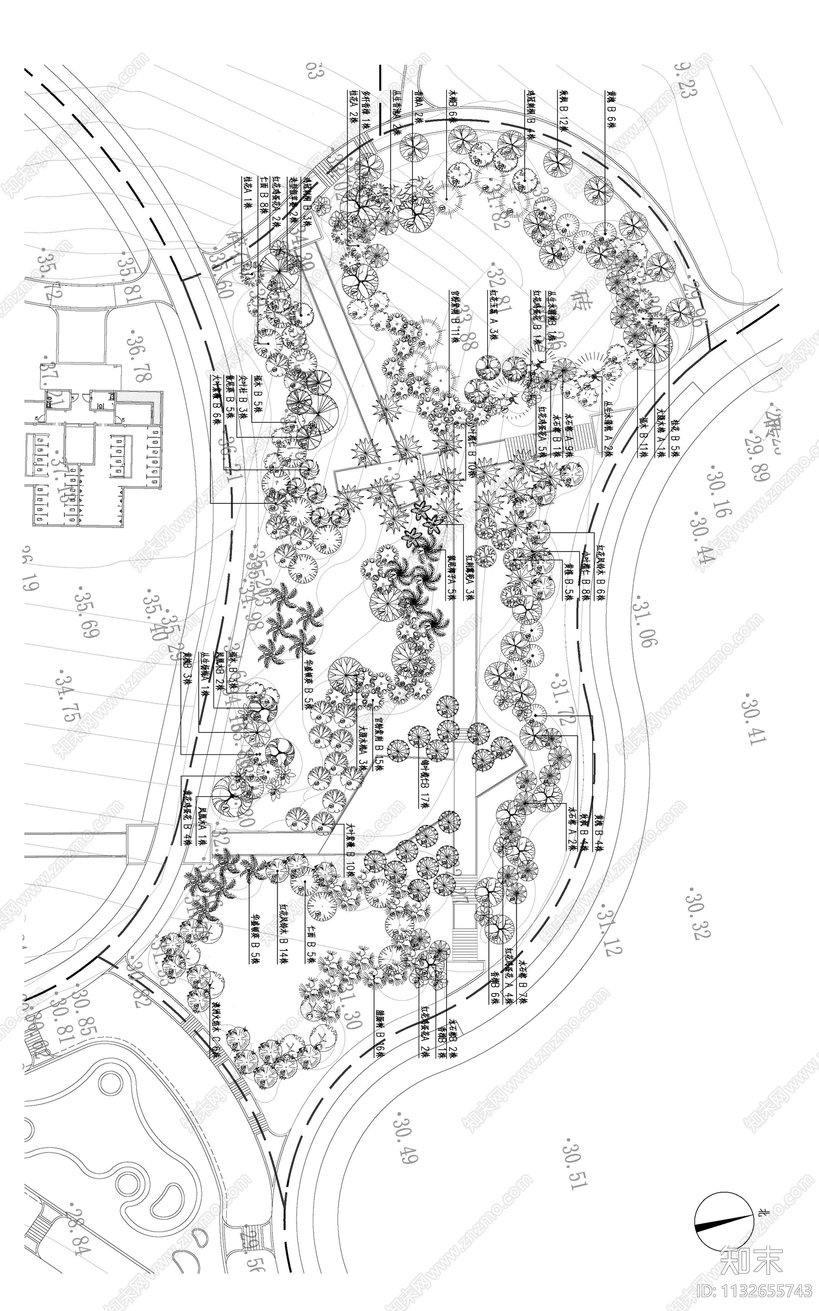 五指耙公园绿化平面图cad施工图下载【ID:1132655743】