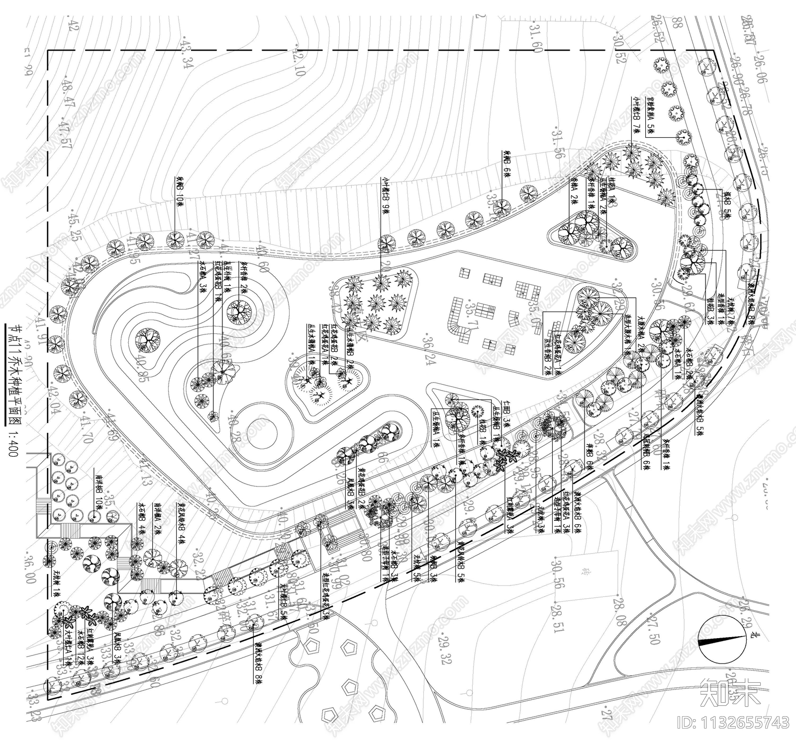 五指耙公园绿化平面图cad施工图下载【ID:1132655743】