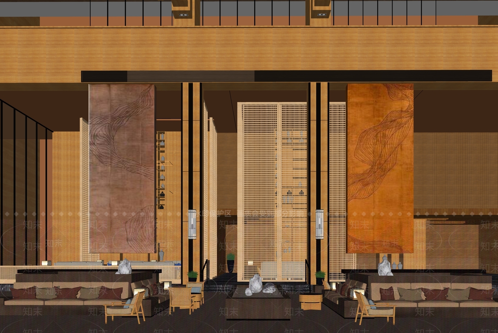 新中式酒店大堂SU模型下载【ID:1132685179】