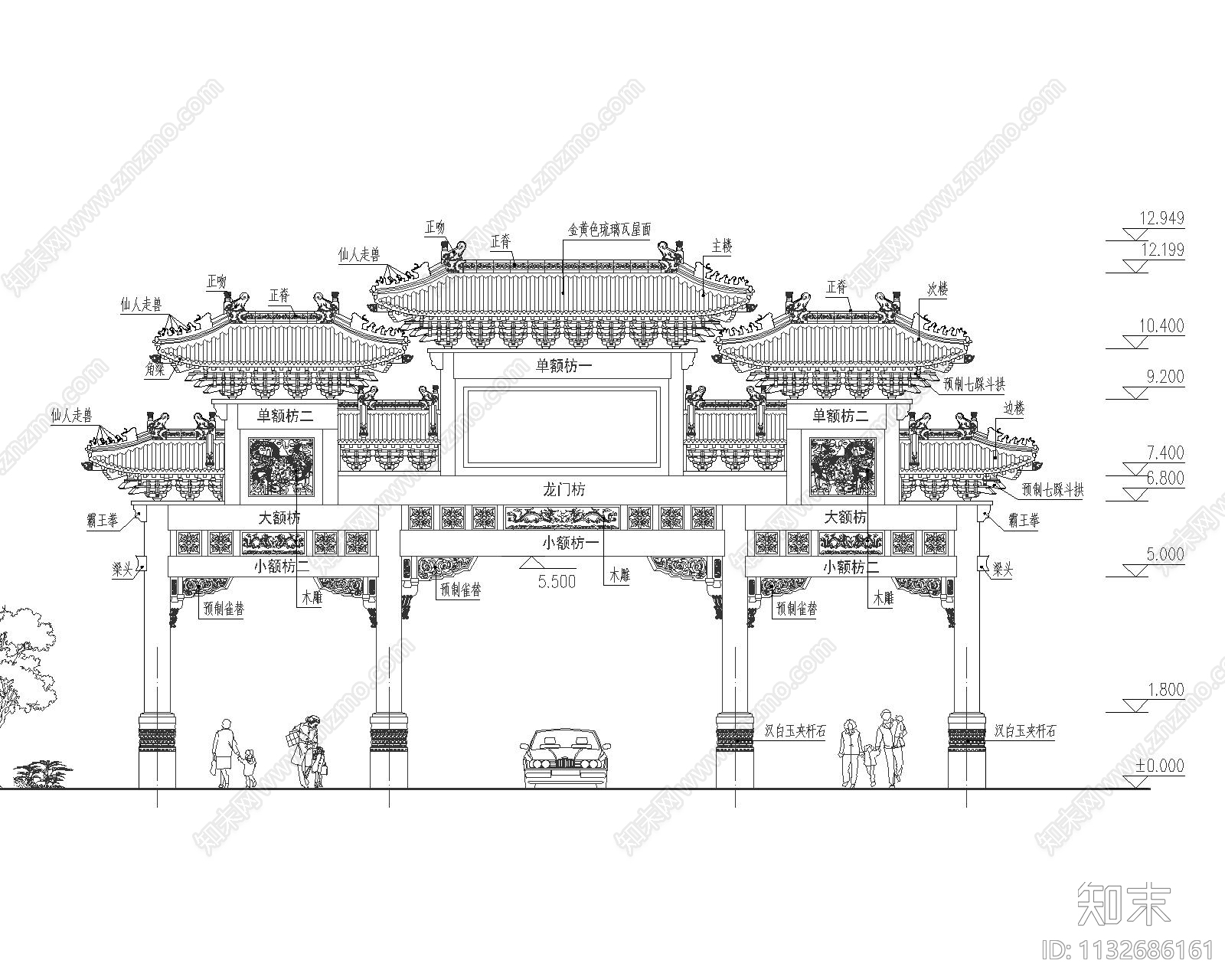 河北四柱七楼牌楼建筑cad施工图下载【ID:1132686161】