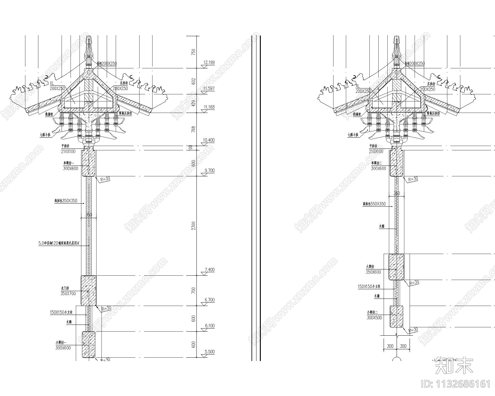 河北四柱七楼牌楼建筑cad施工图下载【ID:1132686161】