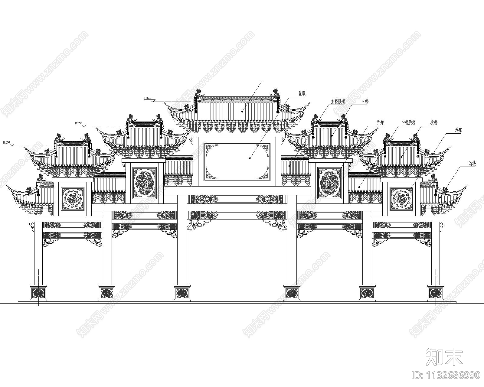仿古牌楼施工图下载【ID:1132686990】