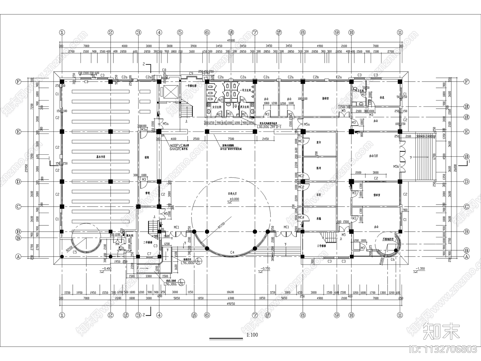 五层图书馆建筑cad施工图下载【ID:1132706803】