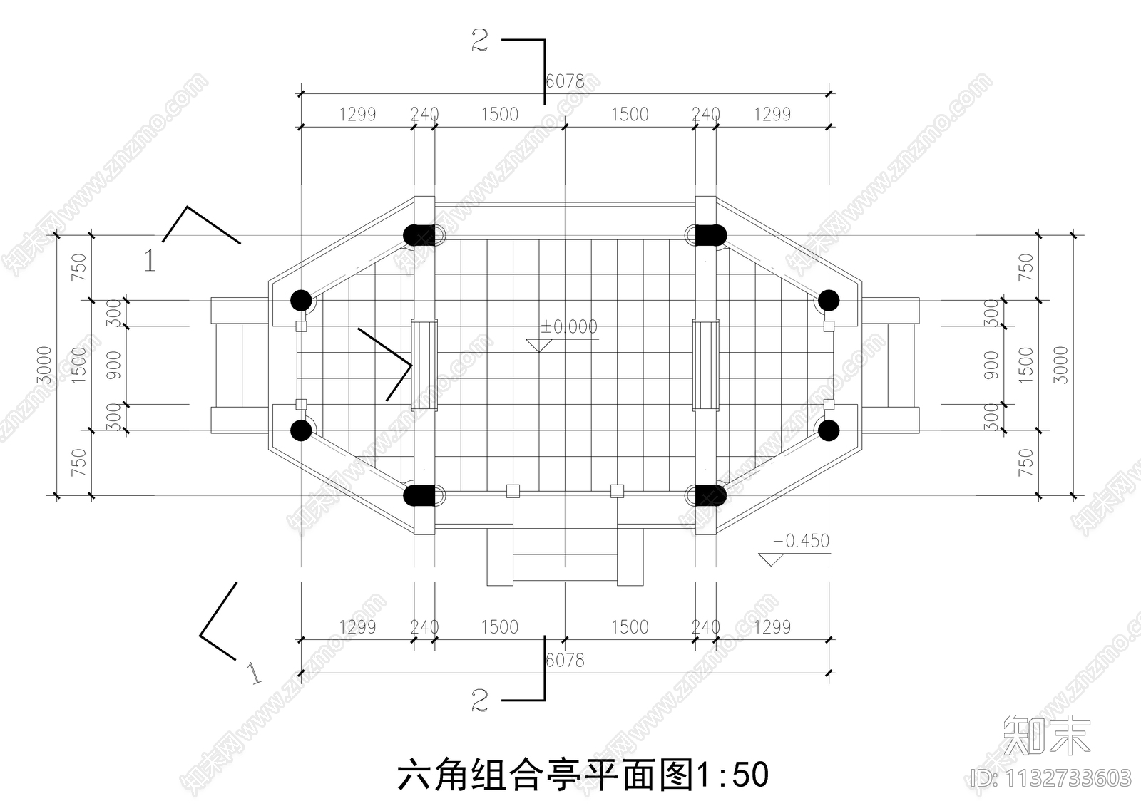 六角组合亭详图cad施工图下载【ID:1132733603】