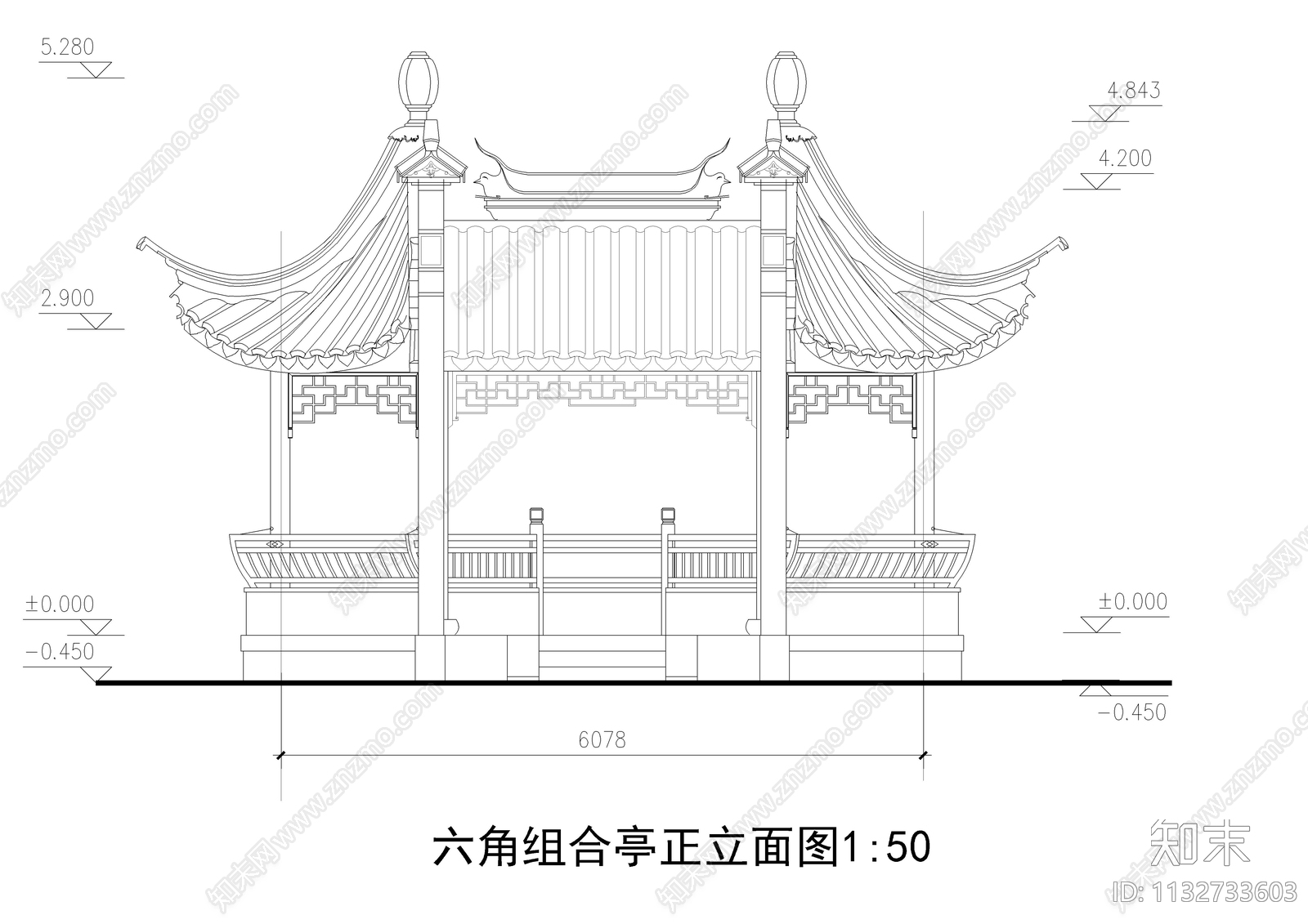 六角组合亭详图cad施工图下载【ID:1132733603】