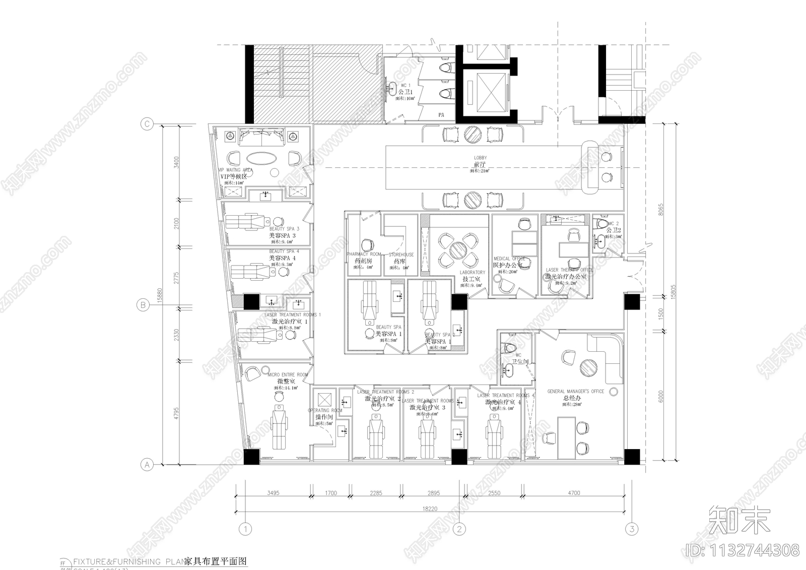 高端美容SPA机构cad施工图下载【ID:1132744308】