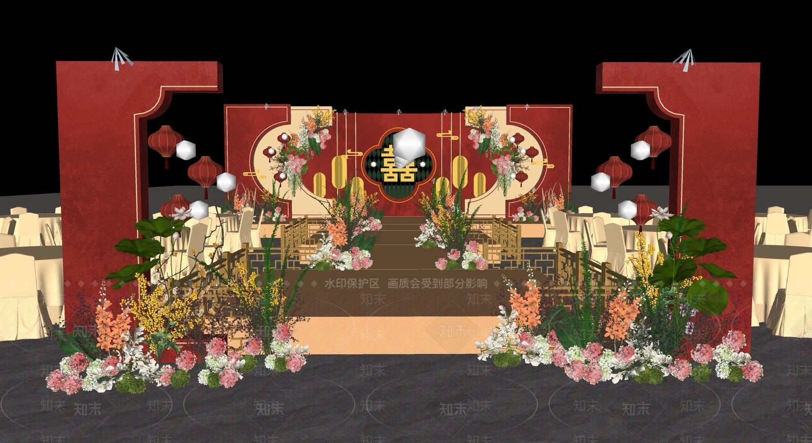 中式酒店宴会厅SU模型下载【ID:1132751028】