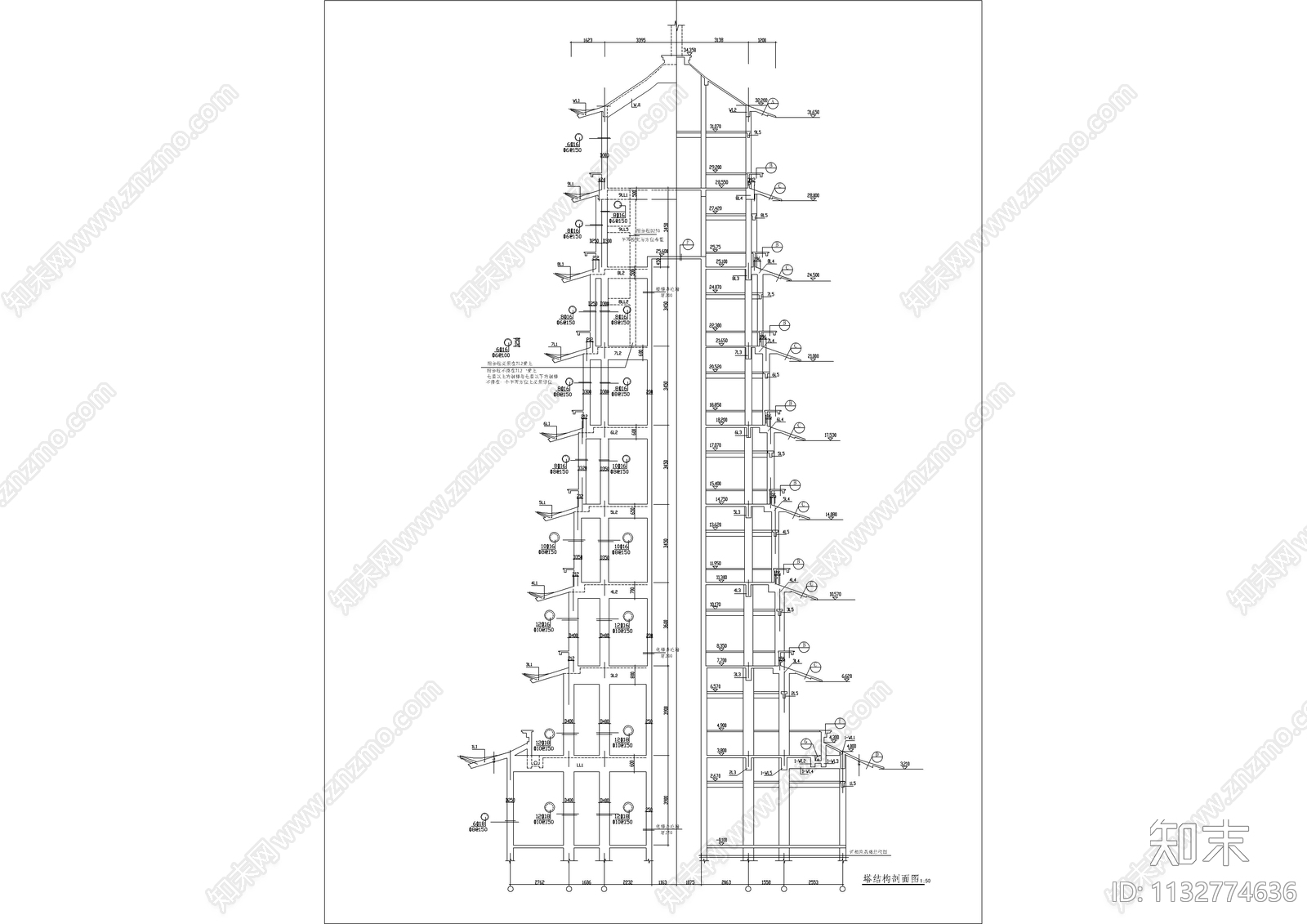 9层古塔建筑cad施工图下载【ID:1132774636】