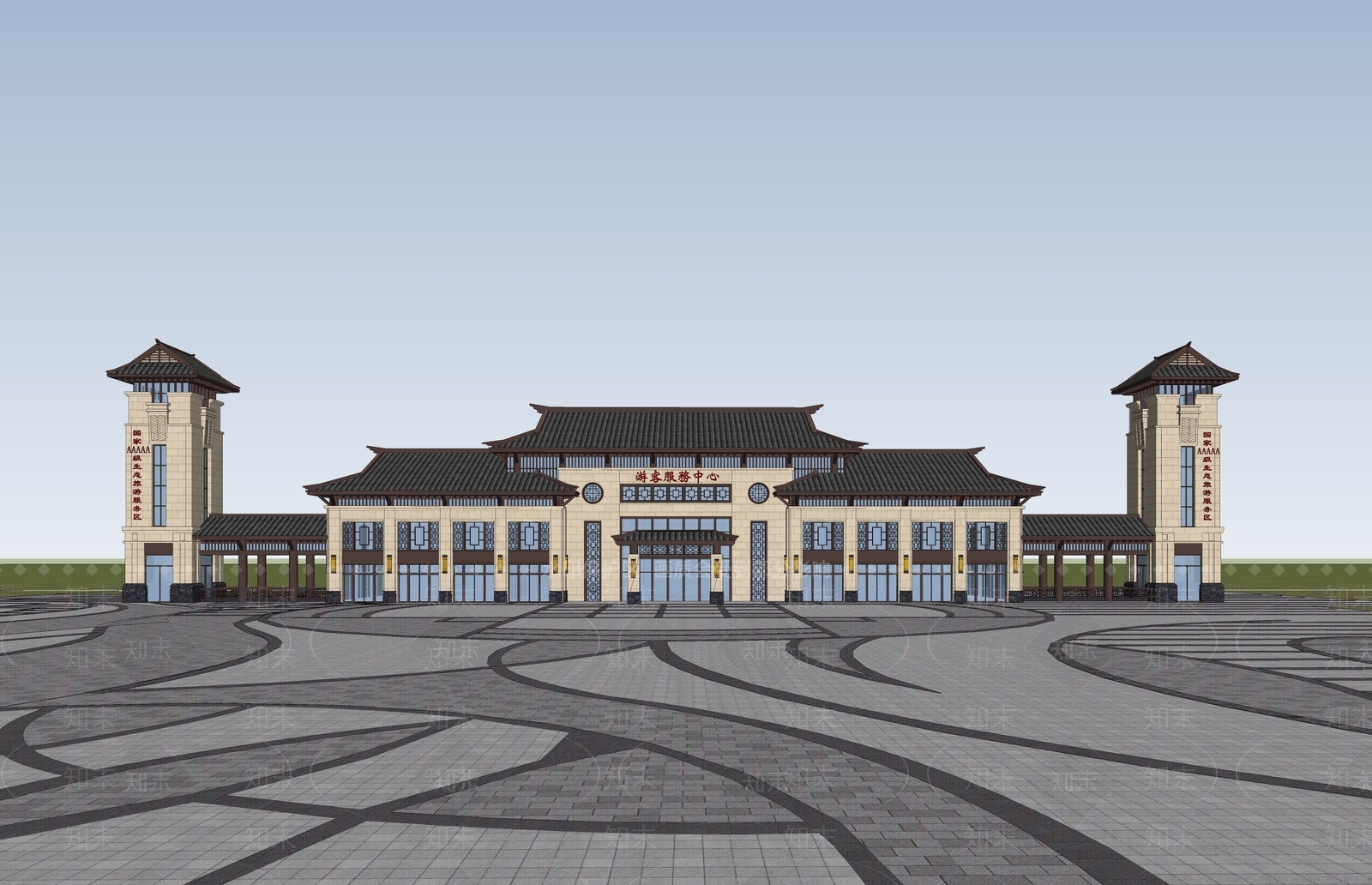 新中式游客服务中心SU模型下载【ID:1132781974】
