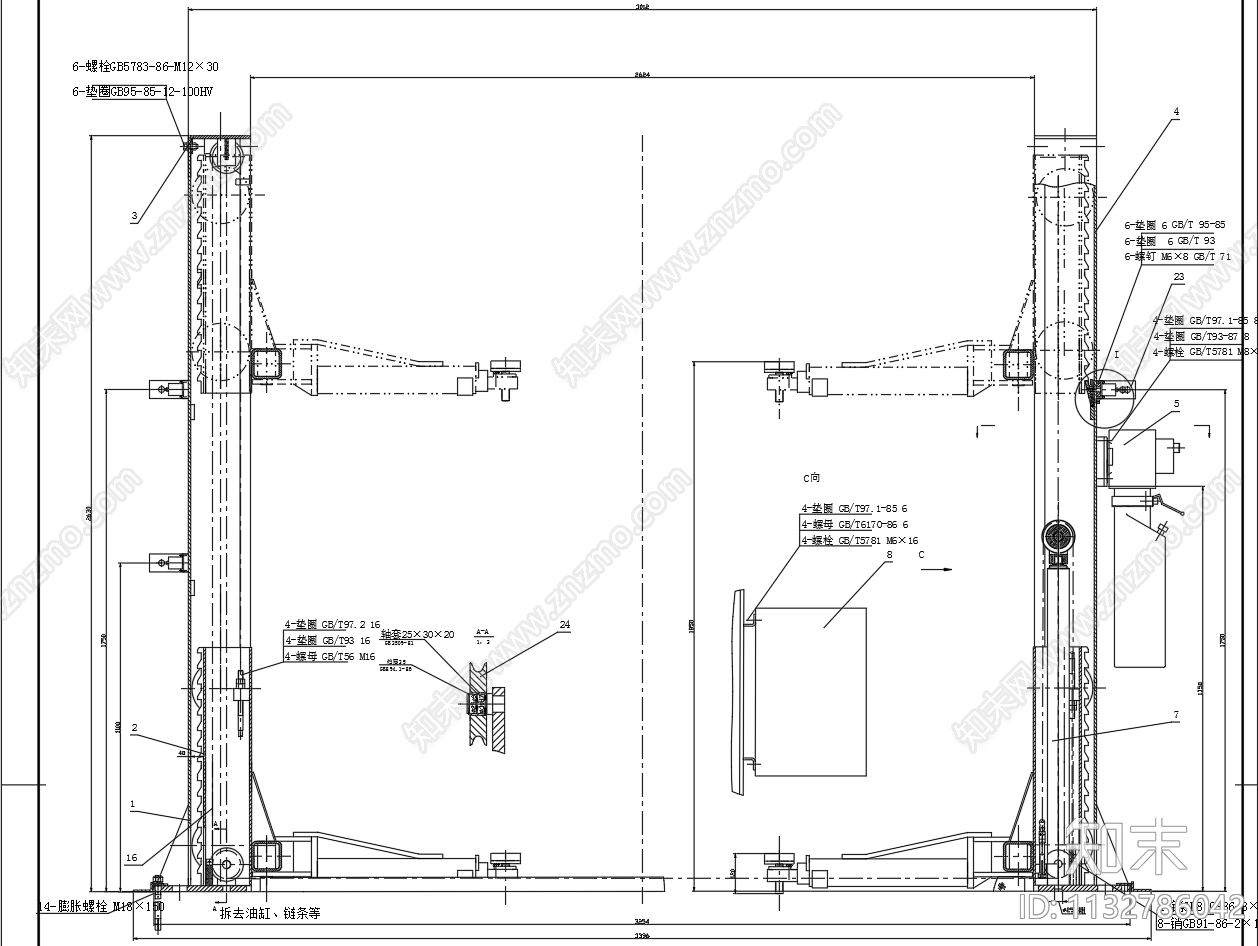 双柱举升机总图装配图零部件图施工图下载【ID:1132786042】
