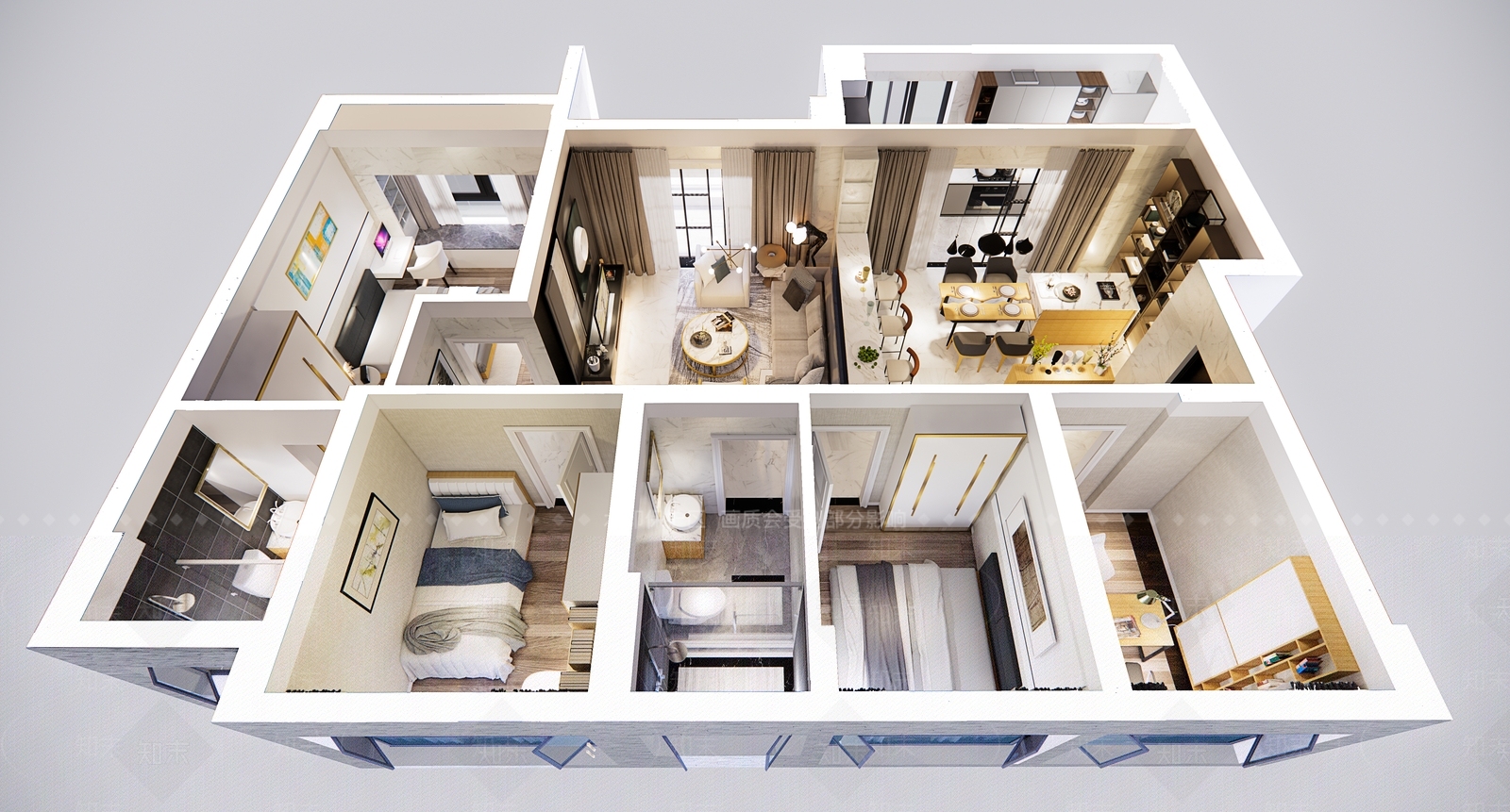 现代风格家装鸟瞰SU模型下载【ID:1132815843】