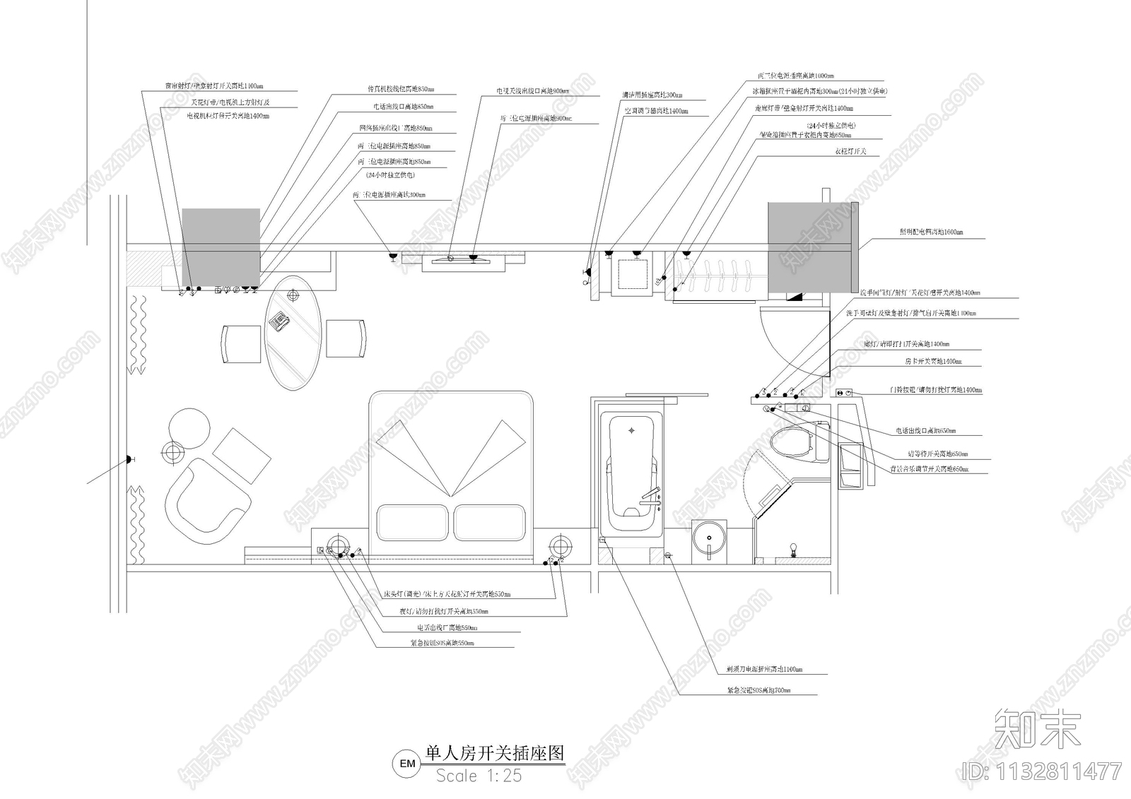 酒店单人间套房cad施工图下载【ID:1132811477】