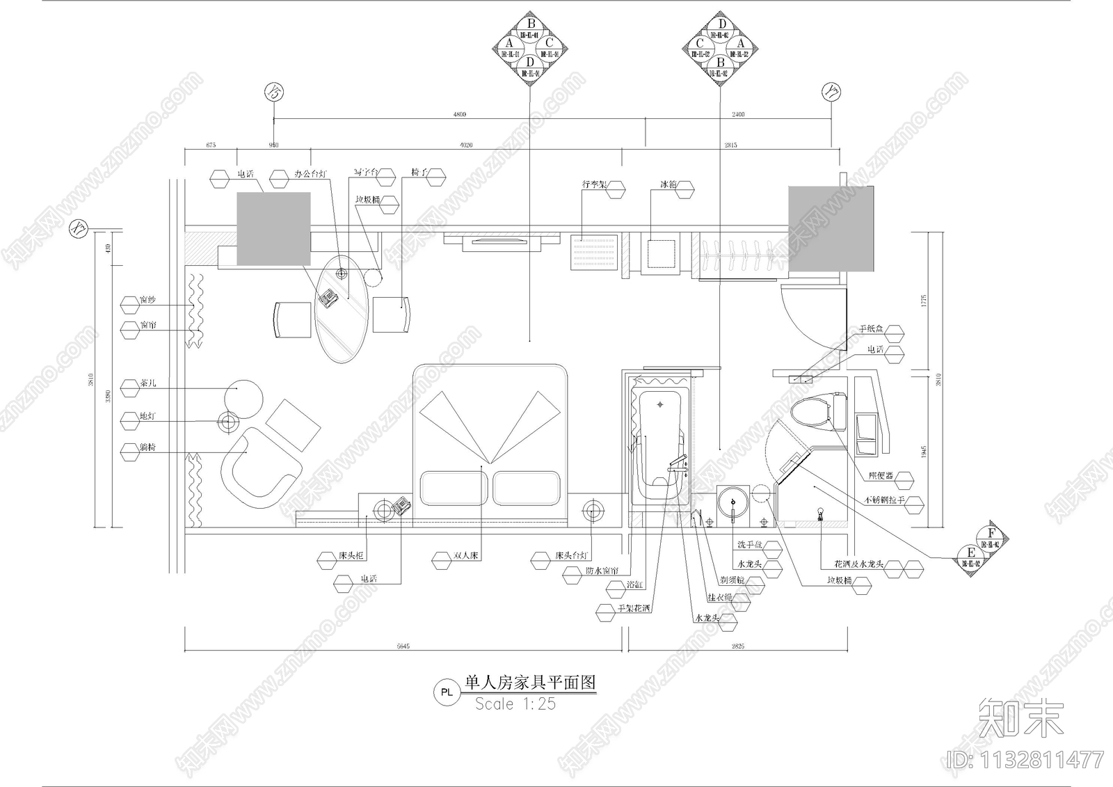 酒店单人间套房cad施工图下载【ID:1132811477】