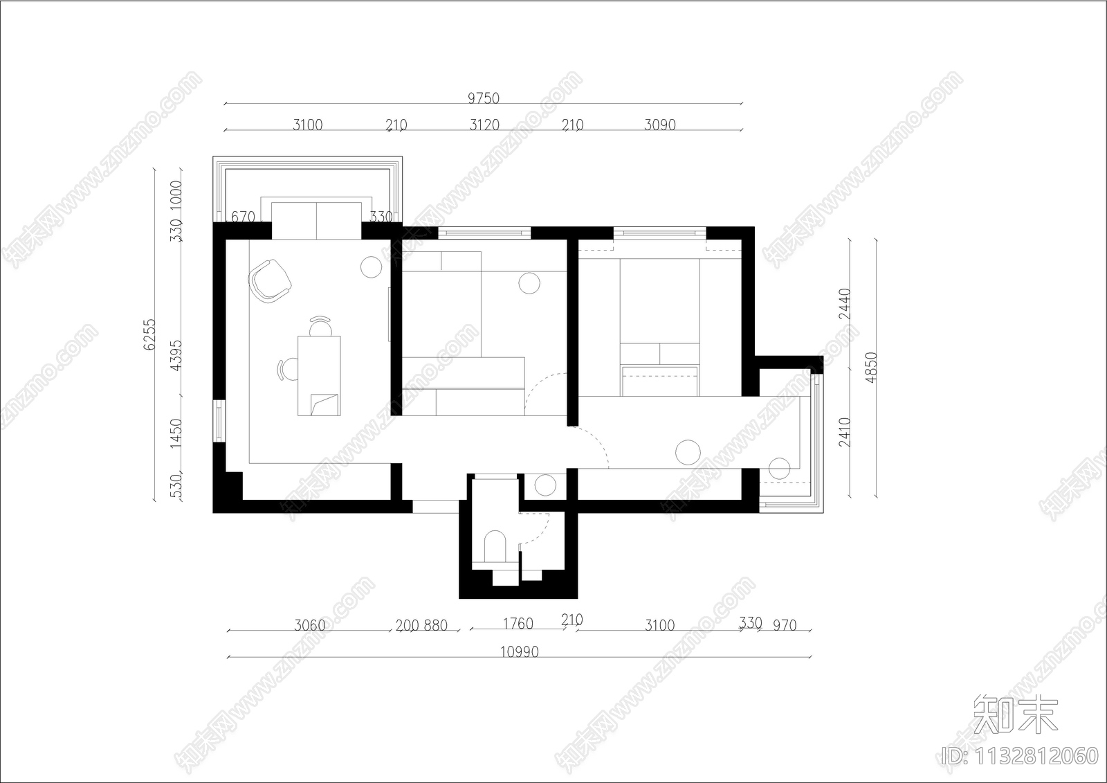 两室一厅极简家装cad施工图下载【ID:1132812060】