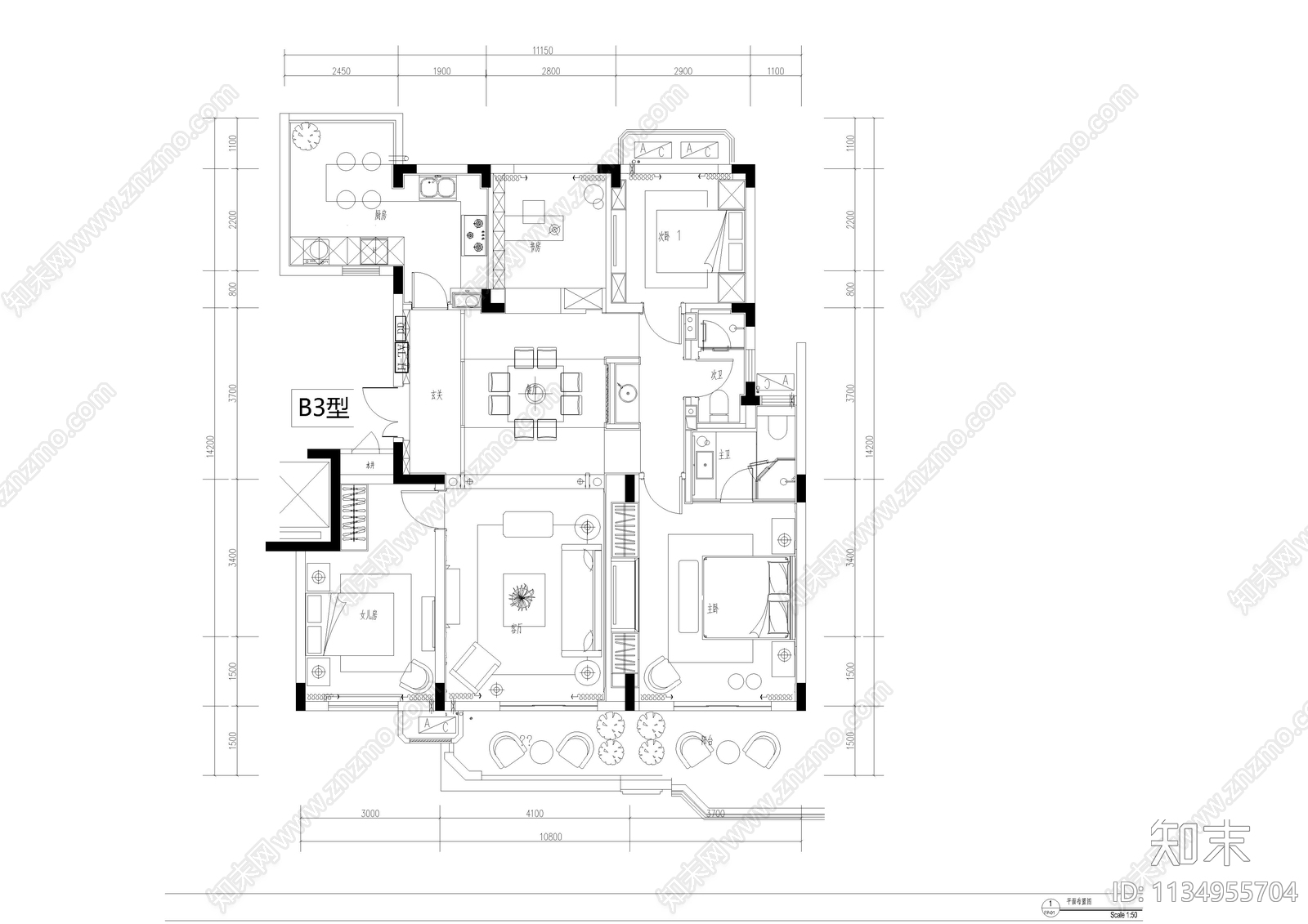 平层家装室内全套cad施工图下载【ID:1134955704】