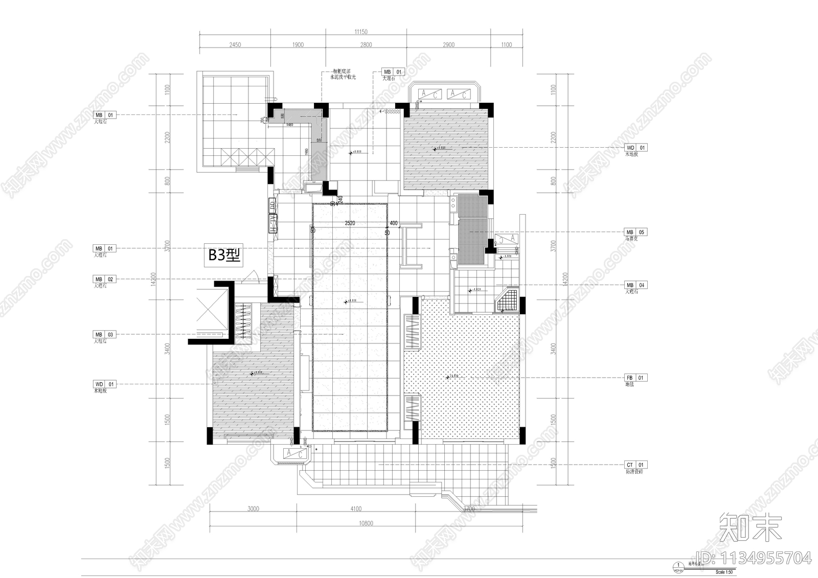 平层家装室内全套cad施工图下载【ID:1134955704】