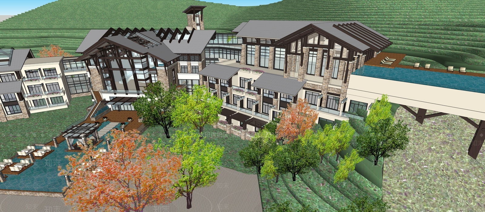 新中式山地酒店度假村SU模型下载【ID:1132836399】