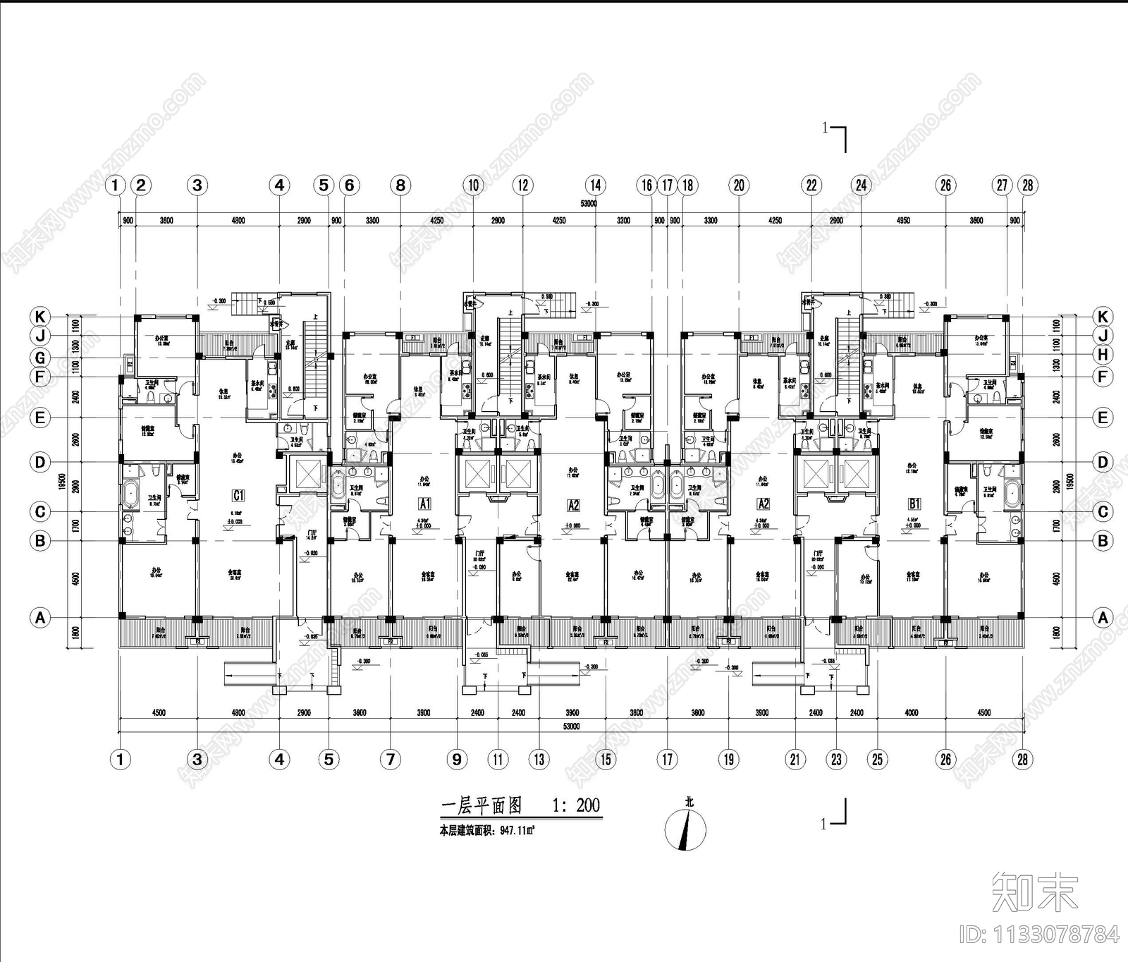 方块形多层公寓建筑cad施工图下载【ID:1133078784】