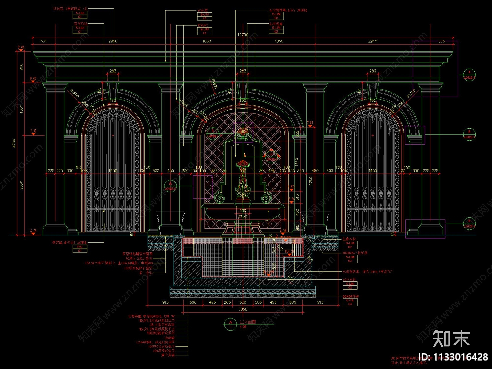 法式拱门花钵水景全套详图施工图下载【ID:1133016428】