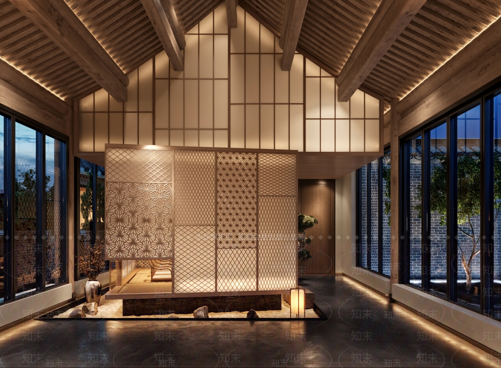 新中式酒店大堂大厅会所门厅SU模型下载【ID:1132887794】
