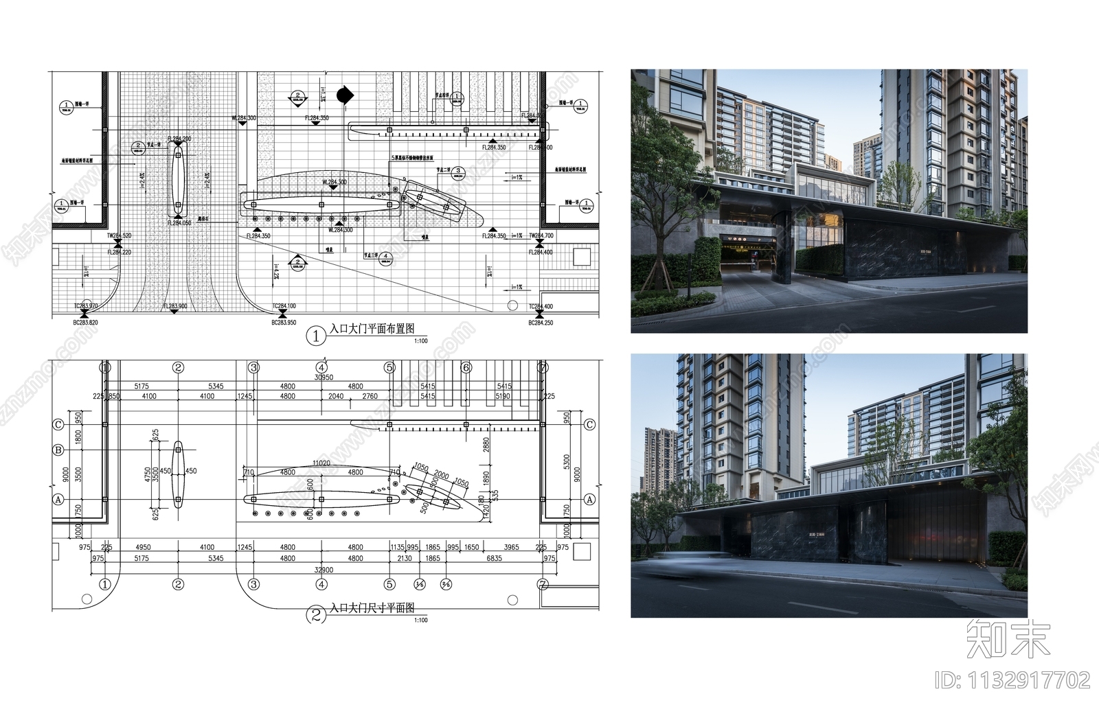 现代简约居住区入口大门cad施工图下载【ID:1132917702】