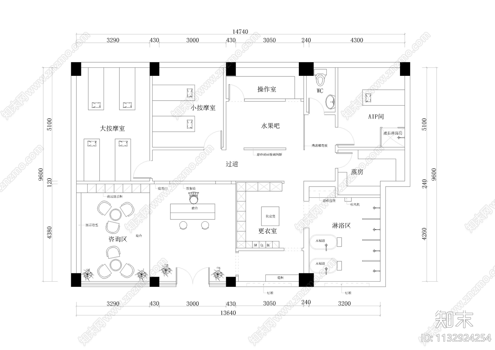 SPA会所装修图cad施工图下载【ID:1132924254】