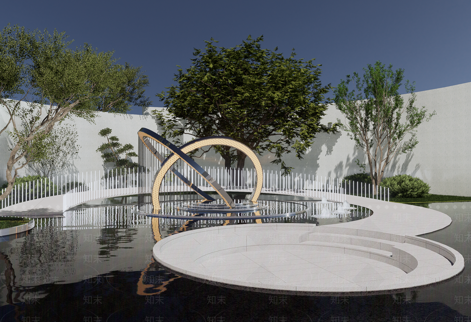 现代景观圆形水景雕塑小品SU模型下载【ID:1132927218】