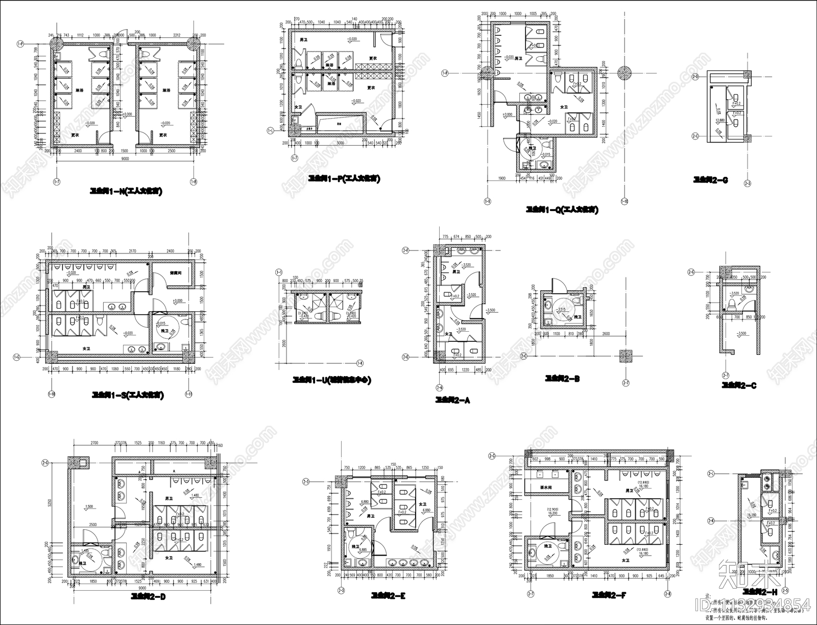 各种公共卫生间平面布置图cad施工图下载【ID:1132934854】