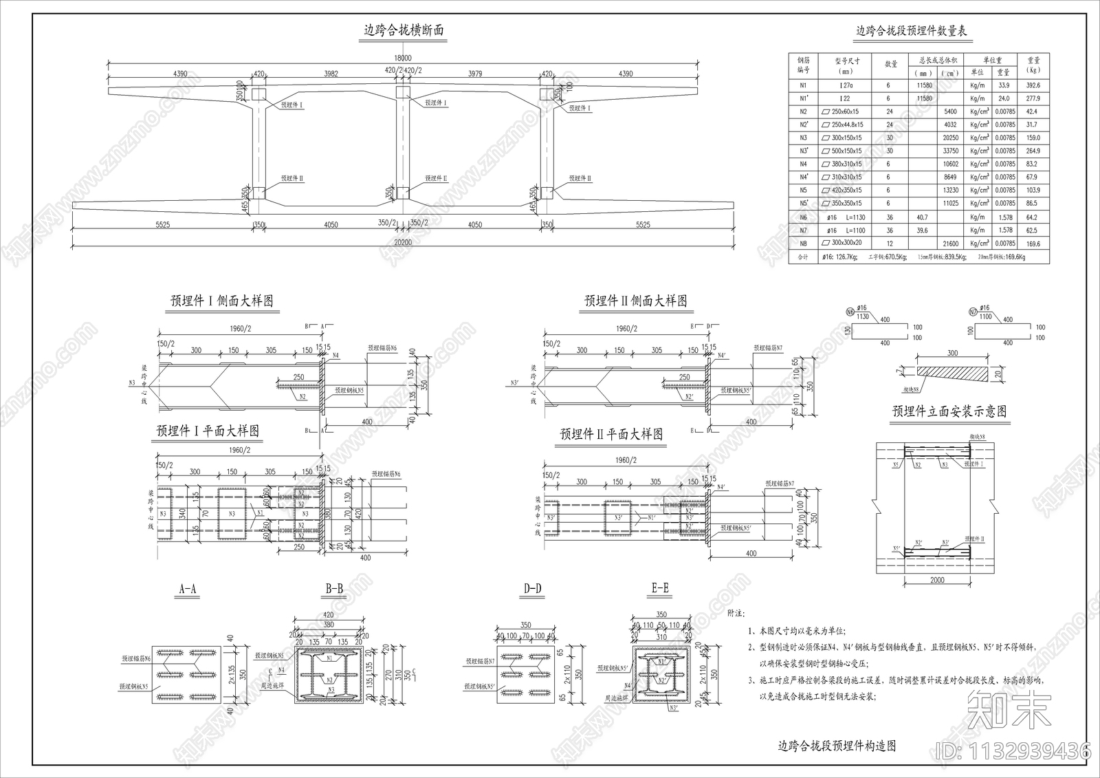 边跨合拢段预埋件详图施工图下载【ID:1132939436】