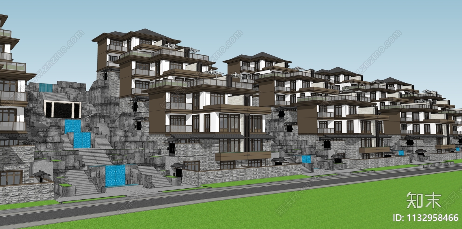 现代联排度假山地别墅SU模型下载【ID:1132958466】