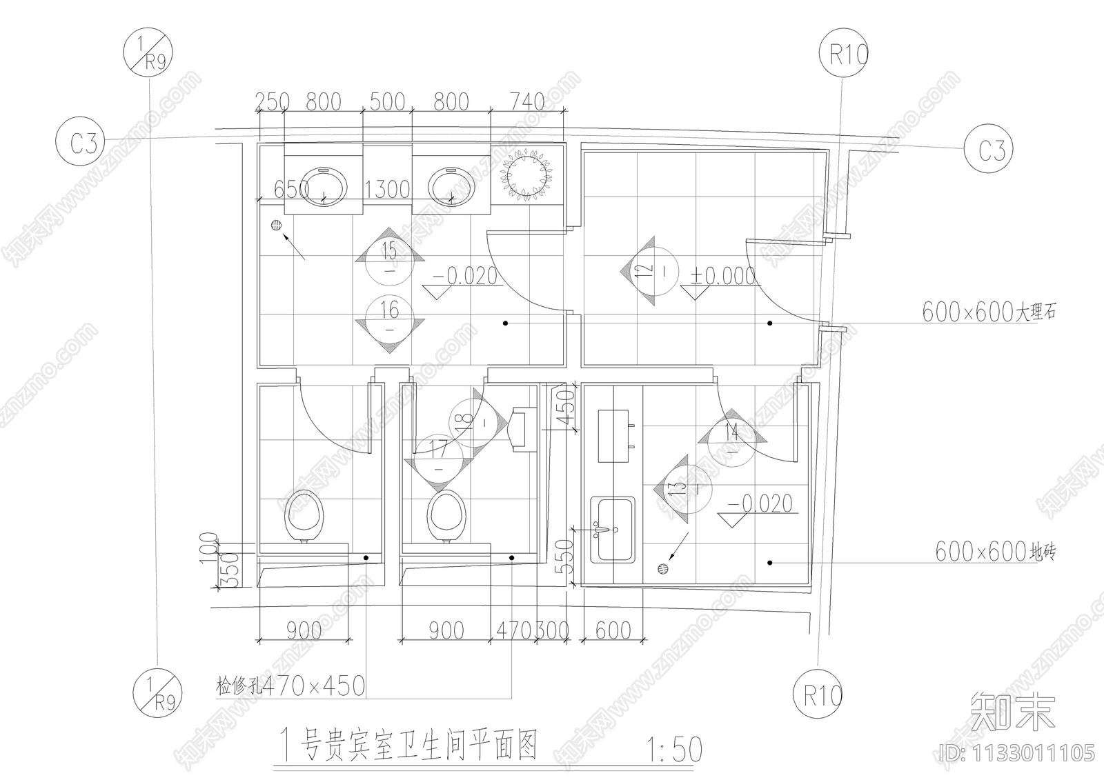 四套贵宾卫生间装修cad施工图下载【ID:1133011105】