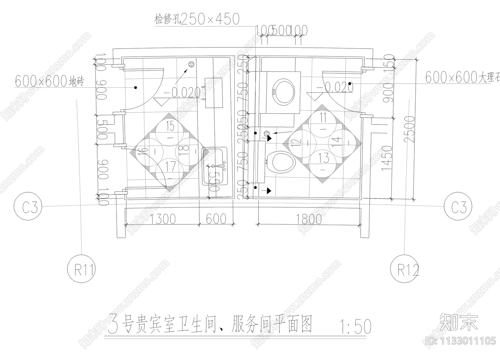 四套贵宾卫生间装修cad施工图下载【ID:1133011105】