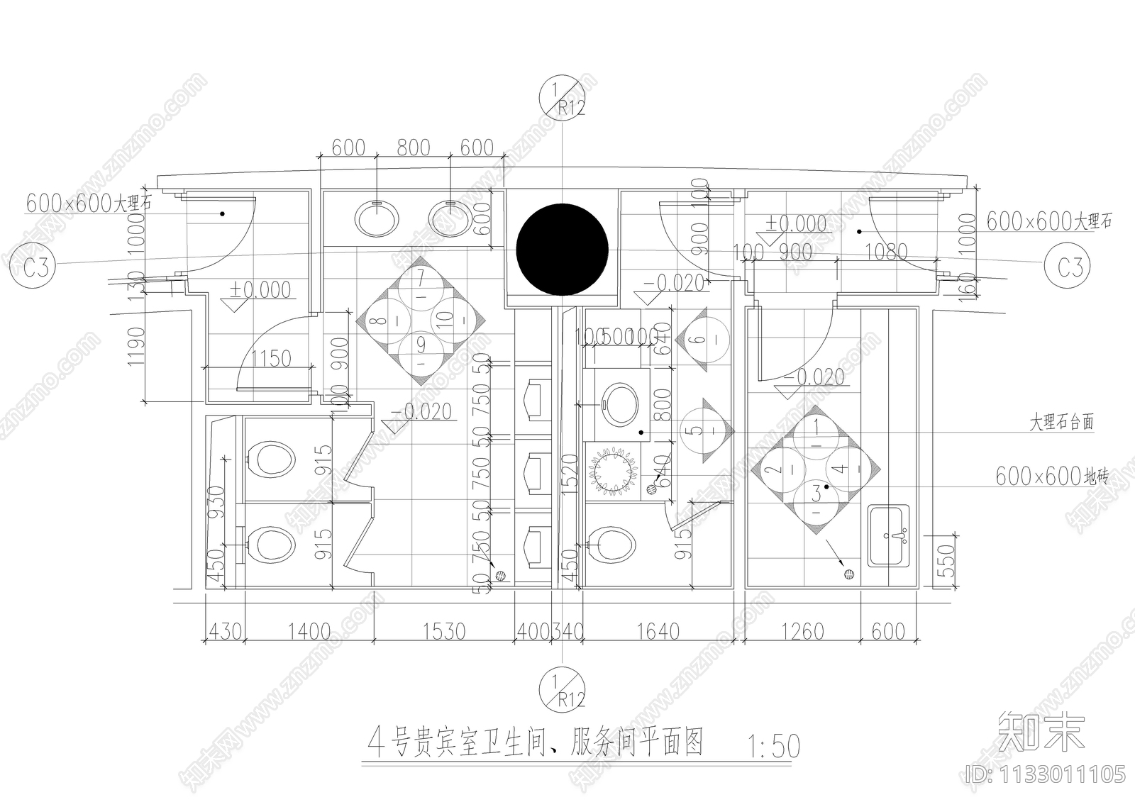 四套贵宾卫生间装修cad施工图下载【ID:1133011105】