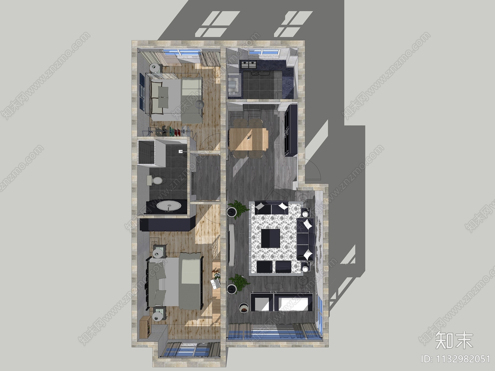 现代家装鸟瞰SU模型下载【ID:1132982051】