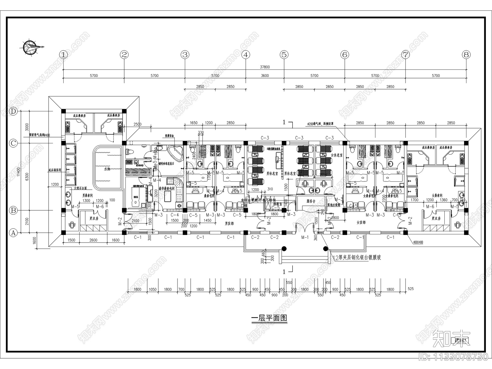 桑拿中心建筑cad施工图下载【ID:1133078730】